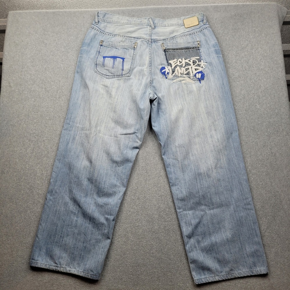 Ecko Unlited Baggy Fit Jeans Mens 42 Light Wash Blue Graffiti Embroidered Y2K